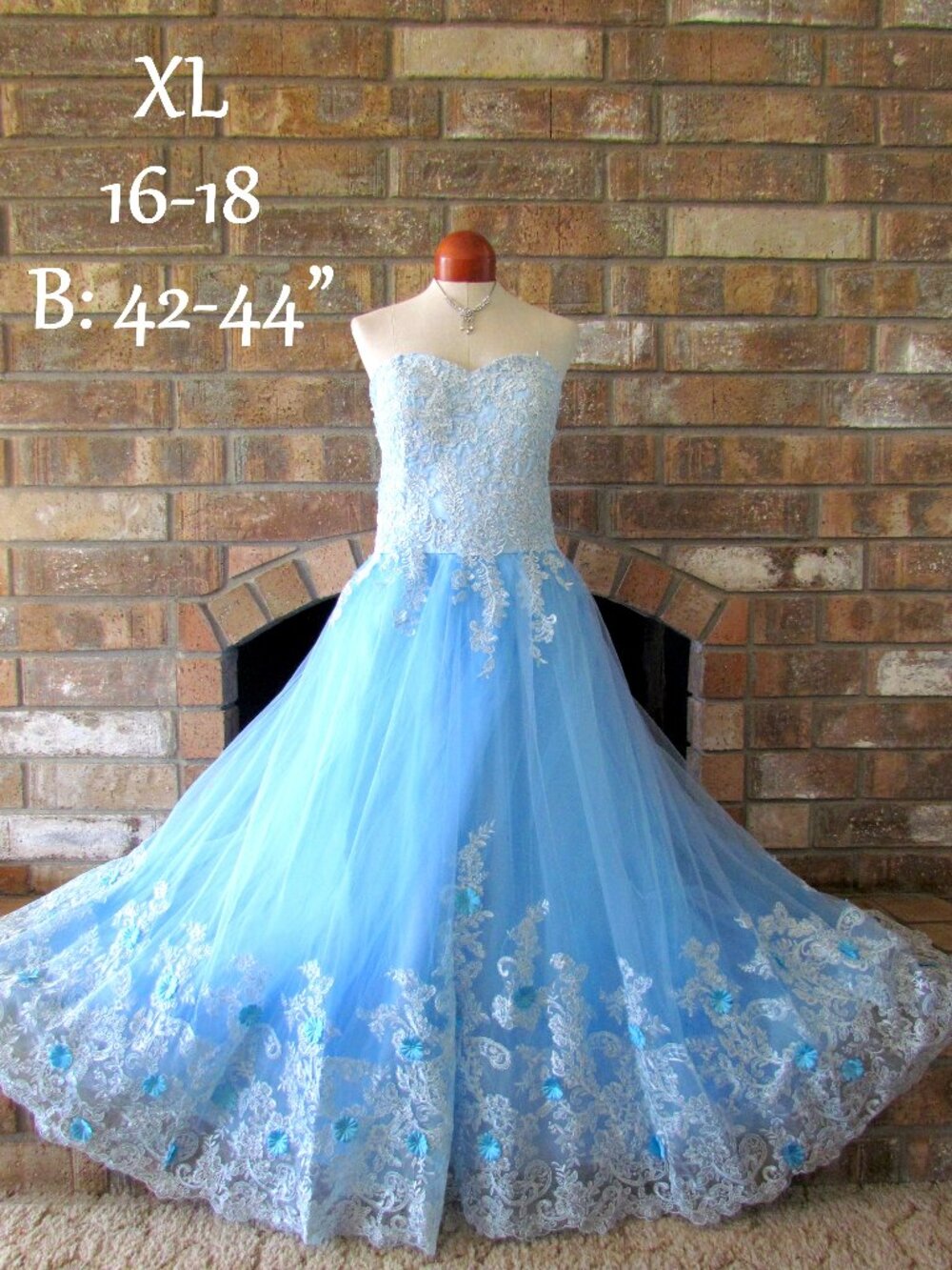 BLUE BALL GOWN, 42-44" Bust ROMANTIC PRINCESS SKIRT w WHITE APPLIQUES, STRAPLESS